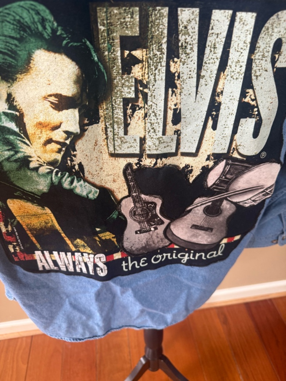 hand Embellished Elvis Motif Denim Button-Up Shirt Falls Creek Sz L cotton READ